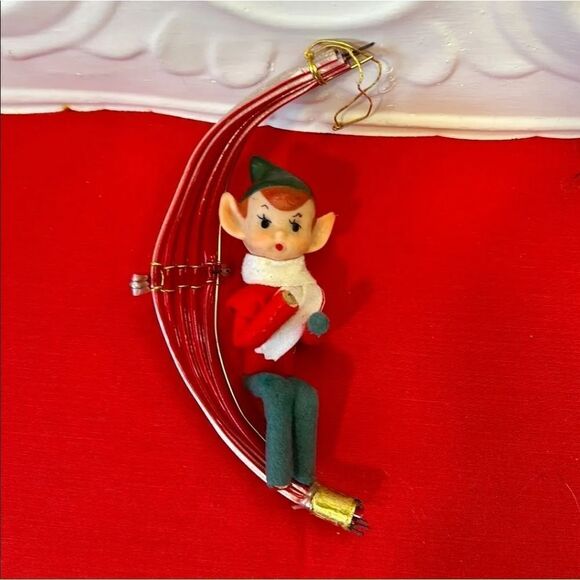 Vintage Rare Felted Pixie Elf  on a Red Hammock Swing Christmas Ornament - Picture 1 of 11